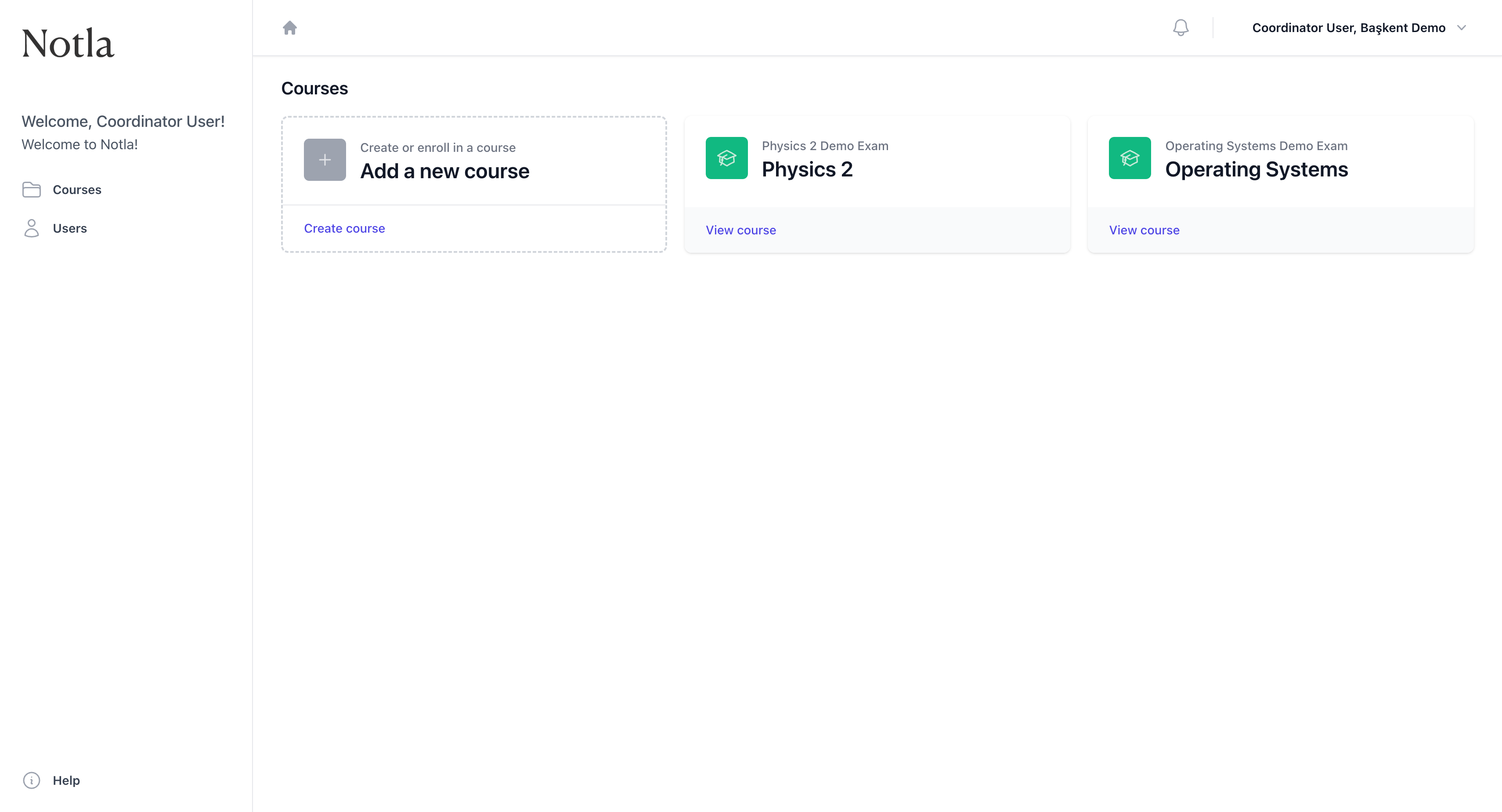 İngilizce arayüzde Notla'nın Courses ekranı; sol menüde Courses ve Users seçenekleri yer alıyor.