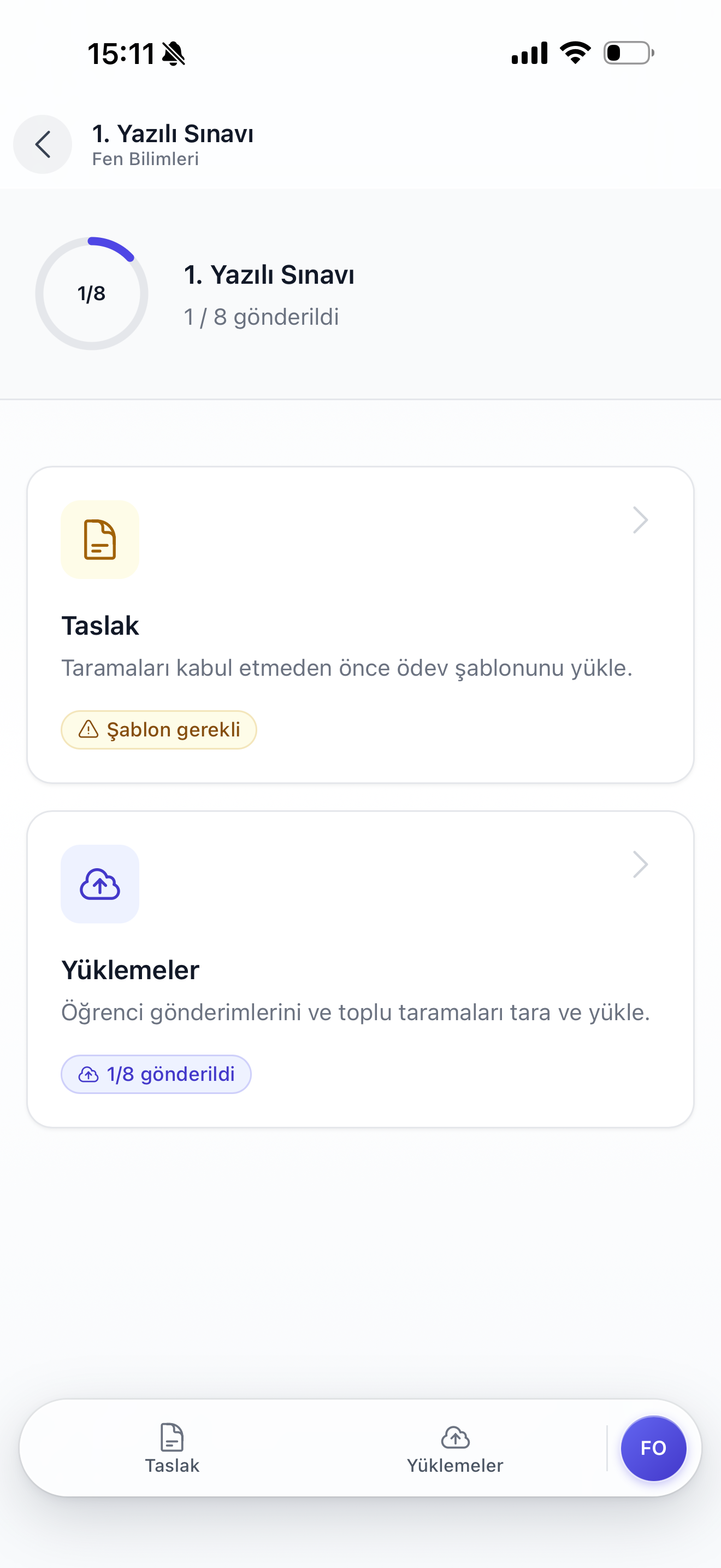 1. Yazılı Sınavı detayı; 1/8 ilerleme, Taslak kartında turuncu "Şablon gerekli" uyarısı ve "Taramaları kabul etmeden önce ödev şablonunu yükle" mesajı.